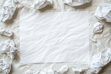 Obraz premium Blank sheet of paper surrounded by crumpled papers