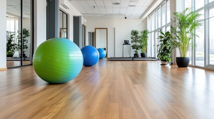 A well-equipped gym featuring a colorful exercise ball and a yoga mat ready for a motivating workout session