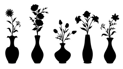 set of flowers in a vase silhouette vector on white background