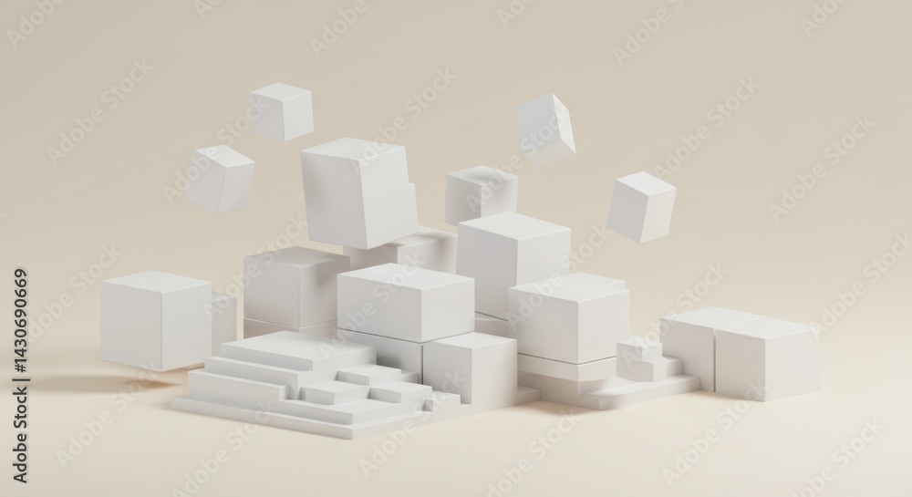 Poster abstract 3d render of white cubes and geometric shapes in a minimalist composition