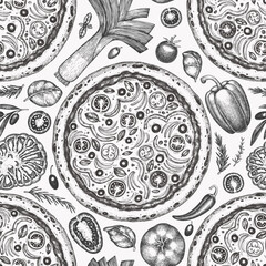 Hand Drawn Vector Pizza Illustration. Retro Vegetarian Pizza Seamless Pattern. Old School Italian Food