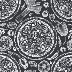 Hand Drawn Vector Pizza Illustration. Retro Vegetarian Pizza Chalk Board Seamless Pattern. Old School Italian Food