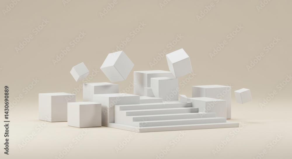 Poster abstract 3d render of floating white cubes and geometric stairs on beige background minimalist moder
