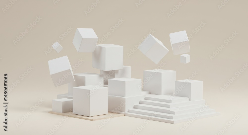 Poster abstract 3d rendering of floating white cubes on beige background: minimalist geometric composition
