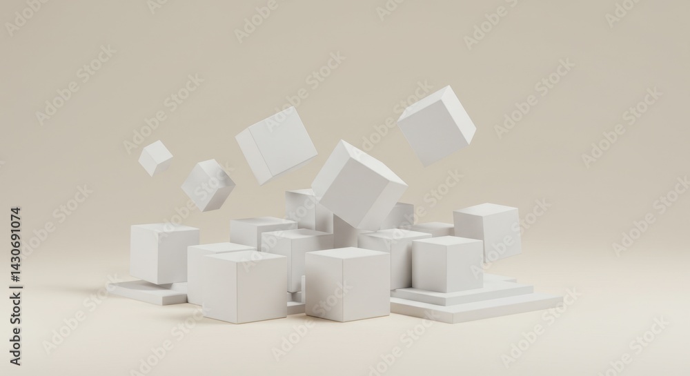 Poster abstract 3d rendering of floating white cubes minimalist geometric composition in beige background