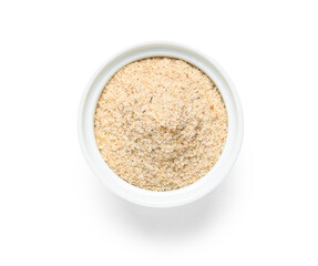 Bowl with psyllium husk powder on white background