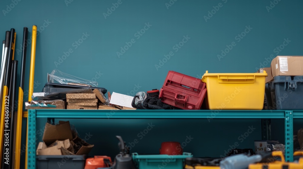 Poster a well-organized shelf filled with various boxes and tools reflecting practical home storage solutio