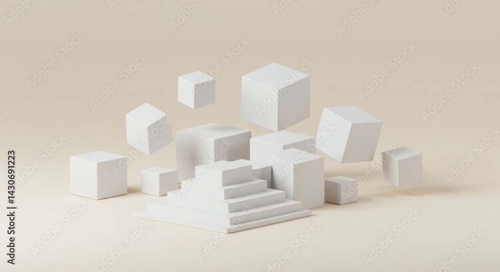 Poster abstract 3d render of floating white cubes and geometric stairs on beige background minimalist moder