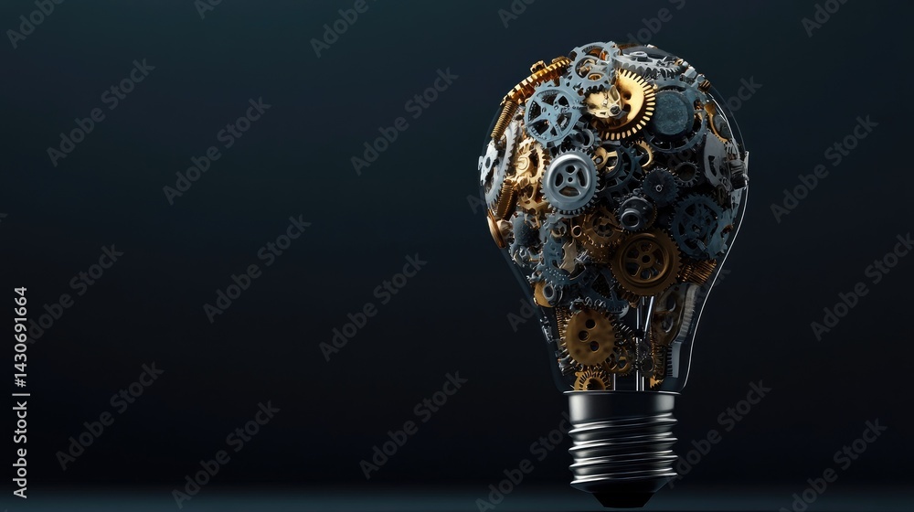 Poster A lightbulb filled with complex gears and cogs on a dark background
