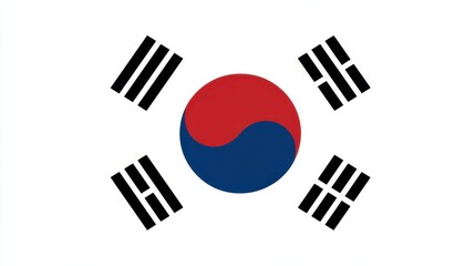 South Korea's national flag features a central yin-yang symbol in red and blue, surrounded by four black trigrams. This design represents harmony and the nation's values