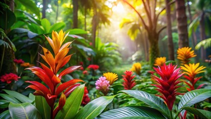 Fototapeta premium Brightly colored tropical flowers blooming in the forest, blooming, blooms, blooming, blooms, blossoms, nature, jungle