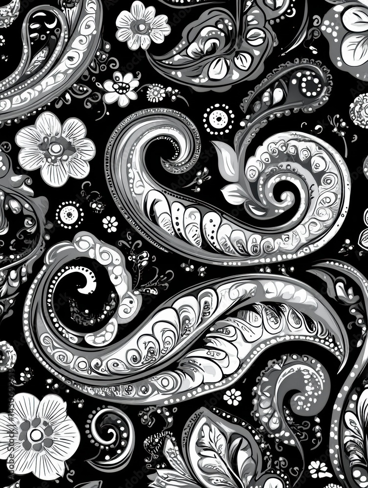 Poster elegant black and white paisley pattern with intricate floral details creating a seamless ornamental