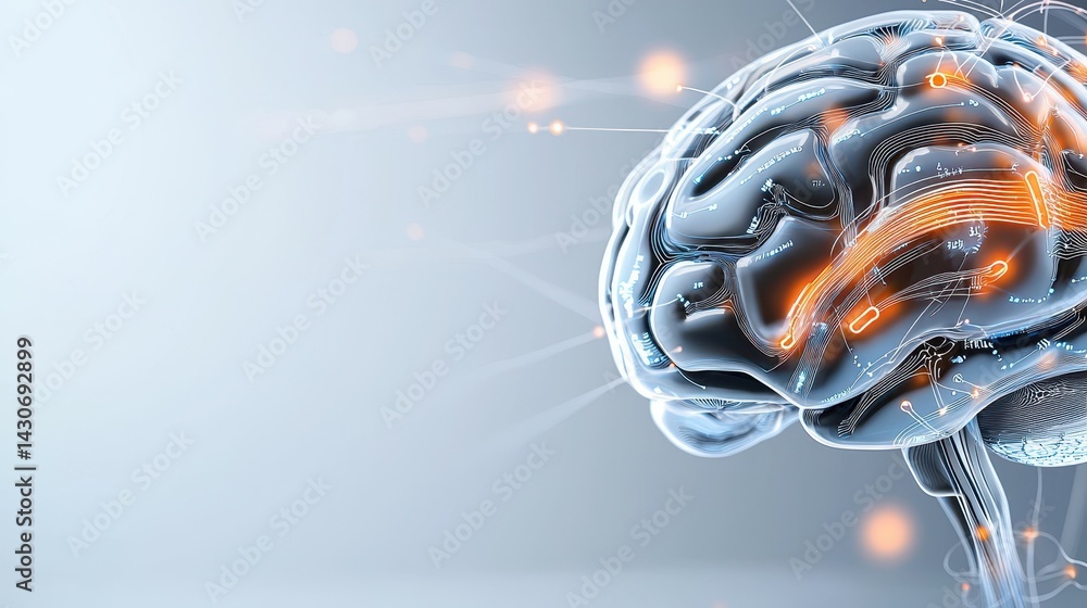 Poster abstract digital brain illustration showcasing neural connections and data flow.