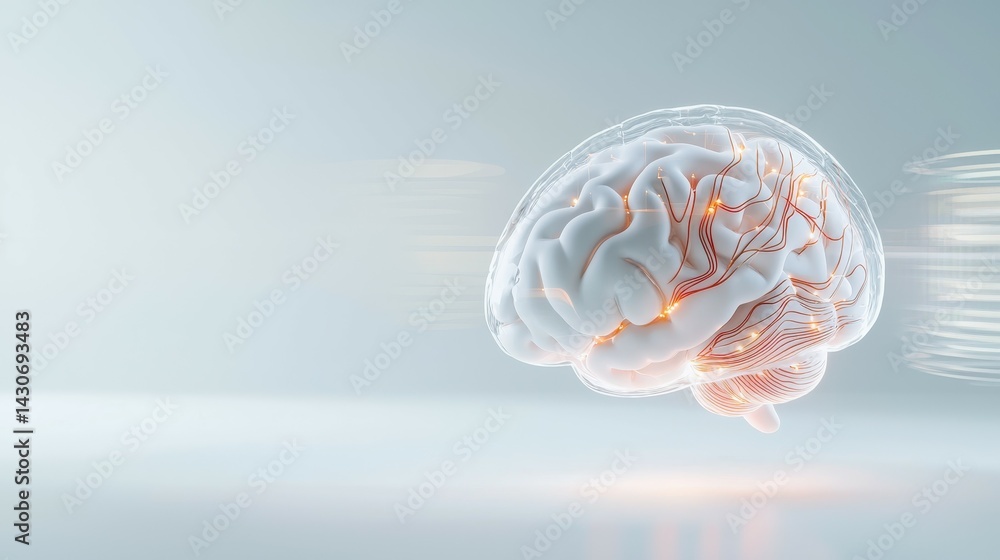 Poster 3d rendering of a human brain with glowing neural connections against a light background.