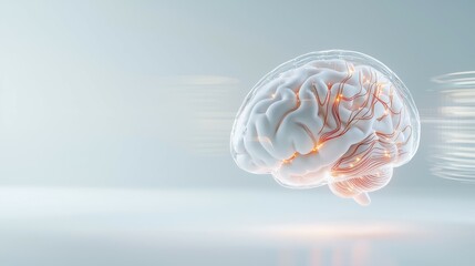 3D rendering of a human brain with glowing neural connections against a light background.
