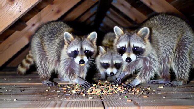 Raccoons exploring attic and scavenging for food at night