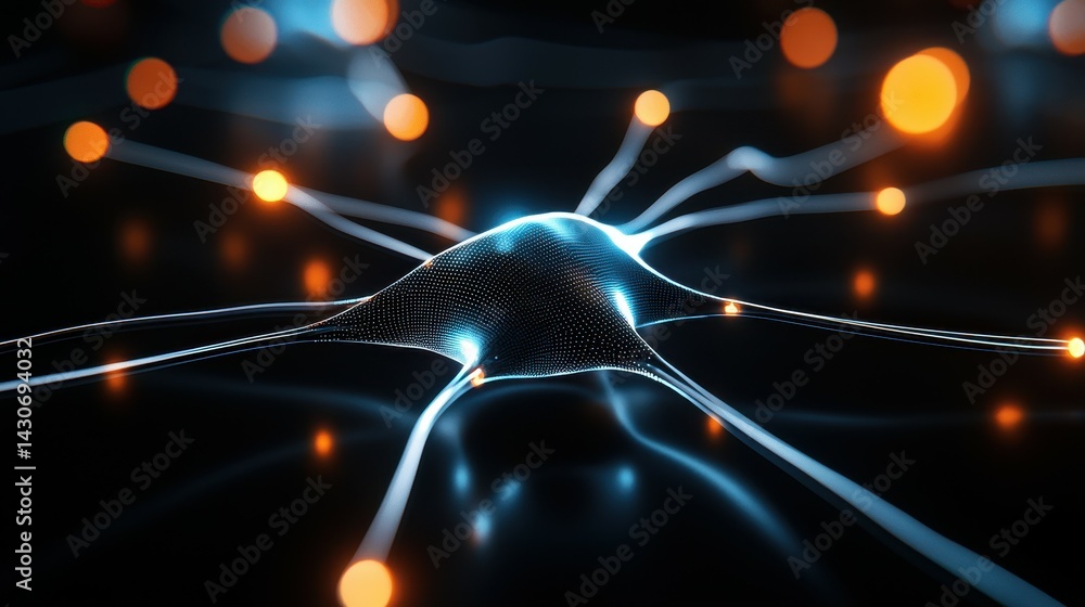 Poster a vibrant neural network representation with glowing connections and nodes.
