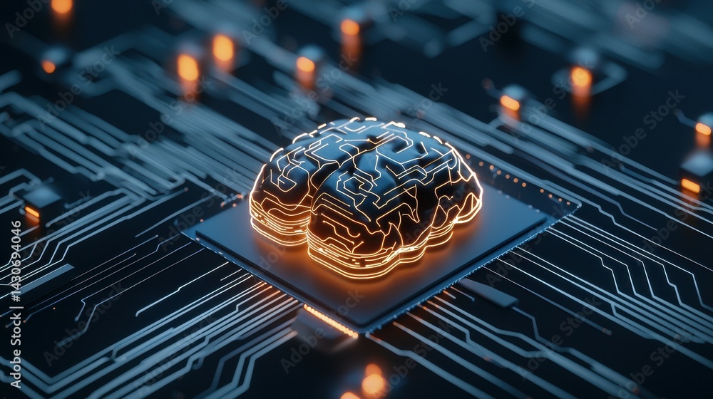 Poster a stylized digital brain on a circuit board emits a warm glow in a tech-themed setting.