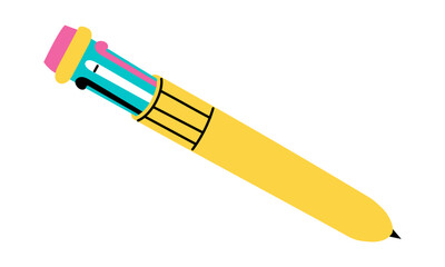 A pen with multicolored rods from the 2000s. A color flat illustration of a writing instrument. A pen with different colors of rods. An isolated object for drawing. School illustration. Retro