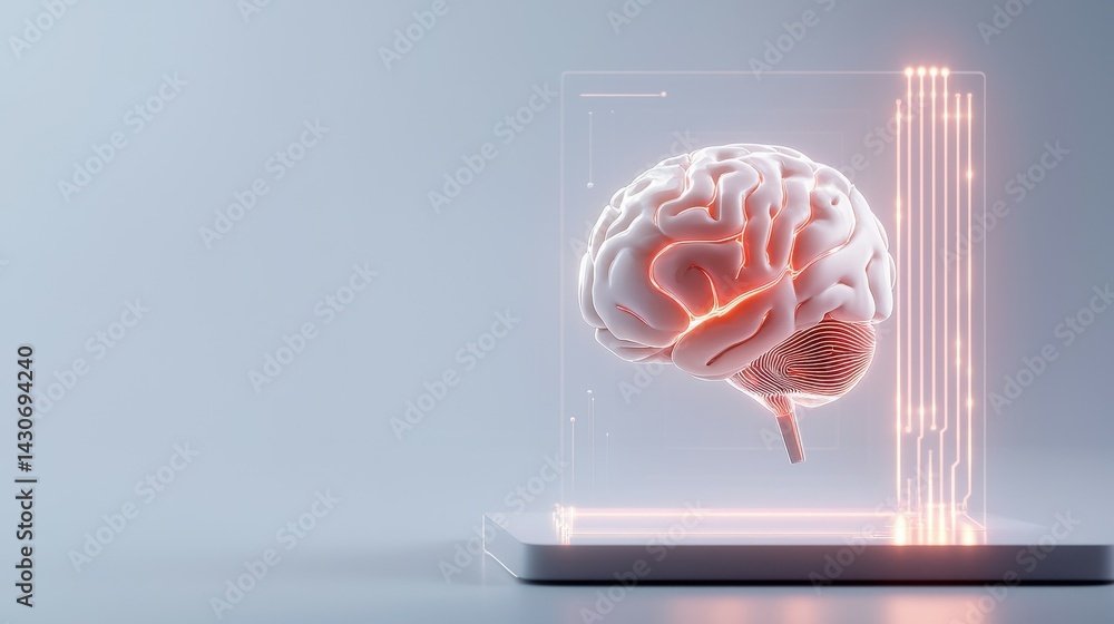 Poster futuristic 3d rendering of a brain with glowing circuits, emphasizing technology and intelligence.
