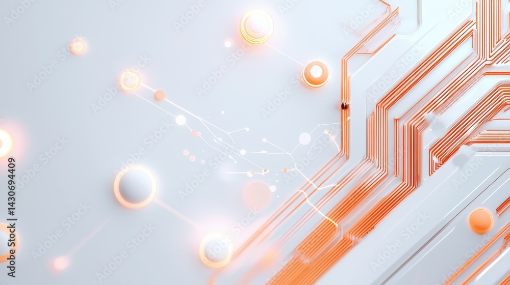 Poster abstract circuit board design with glowing orange lines and soft white lights.
