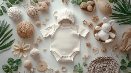 Baby clothing, accessories, and natural elements arranged on a white surface.