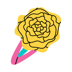 Hairpins from the 90s. hairpin with a yellow flower. Flat doodle illustration, bright hair accessory. Suitable for fashion, teen, retro style, girly looks, school aesthetics, and vintage design themes