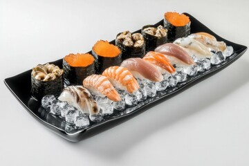 ultra HD visual of assortment of different seafood on tray with ice cubes