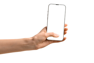 Female hand with mobile phone isolated on white background, closeup