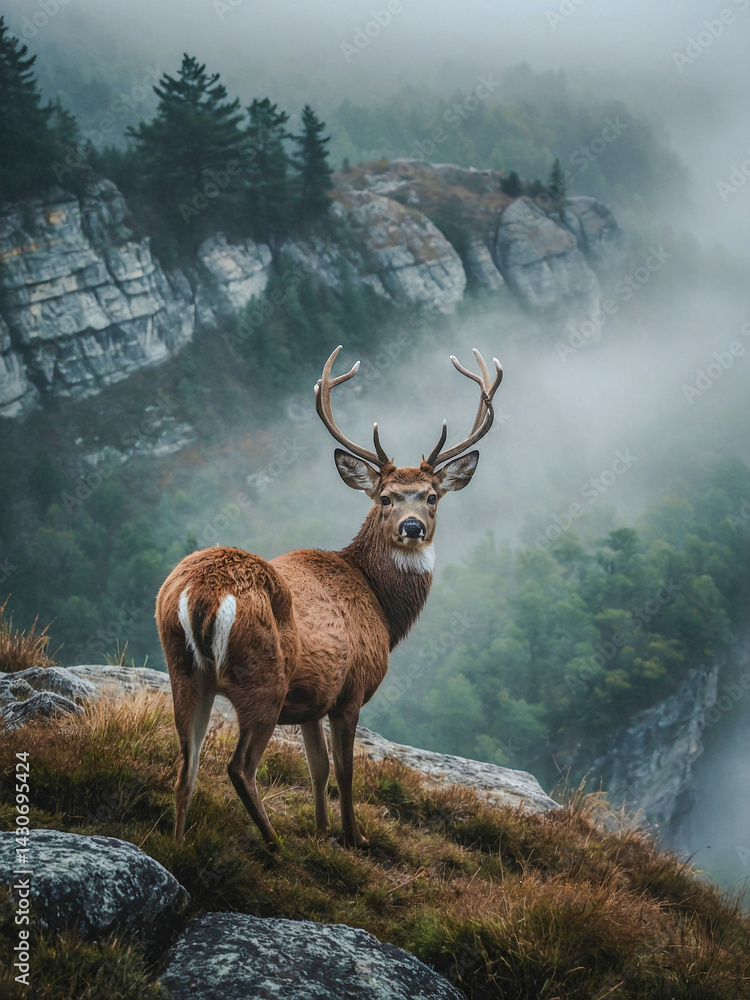 Poster deer standing on a foggy cliff edge, creating a serene atmosphere.