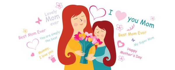 Happy Mother's Day. Lettering design. I love you mum. Beautiful mom face smiling with little daughter and bouquet of tulips. Horizontal card format for web banner or header. Vector illustration