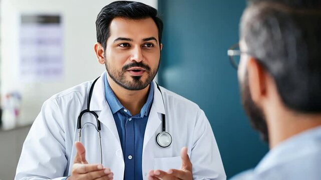 Doctor reviews medical test outcomes with patient in a clinical environment.