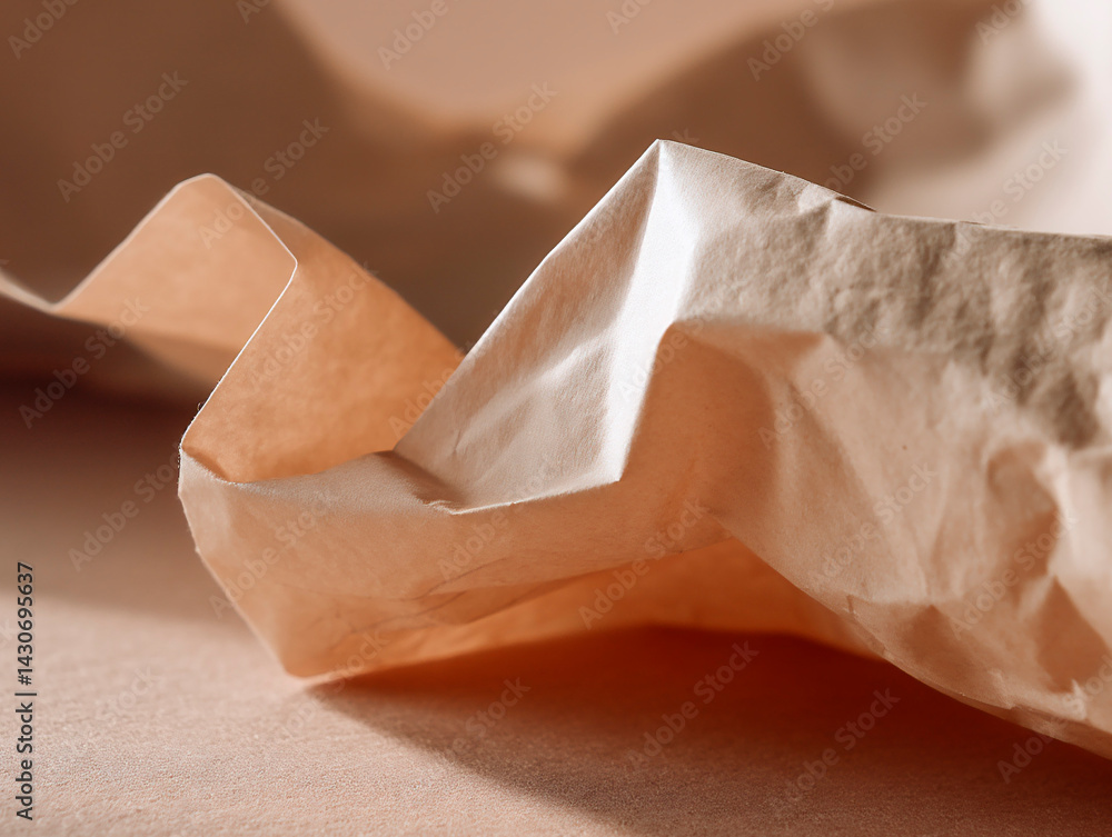Poster curled and crumpled piece of kraft paper in warm light with soft shadows and delicate surface textur