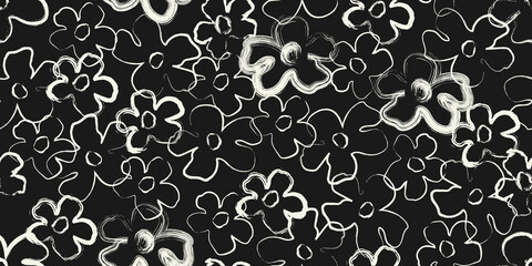 Black and white line abstract hand drawn flowers, floral seamless pattern with flowers for fabric, textile, apparel, poster, cover, banner, wall art, background. Vector illustration.