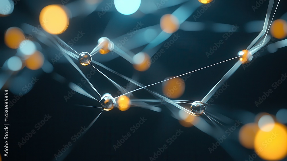 Poster abstract representation of interconnected atoms and molecules in a dark backdrop.