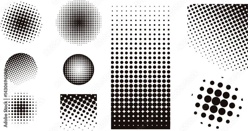 Poster Vector set of halftone black dot elements in various shapes for retro design and background