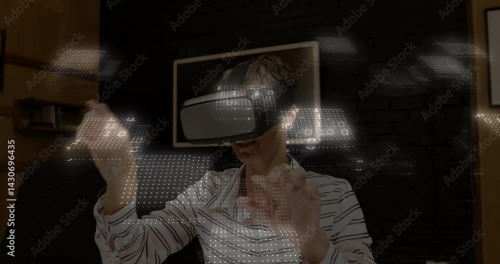 Aufkleber woman using virtual reality headset gesturing inside tech office, showing floating code holograms