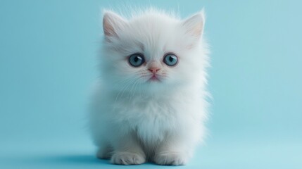Fototapeta premium Fluffy white kitten with large eyes on a light blue background