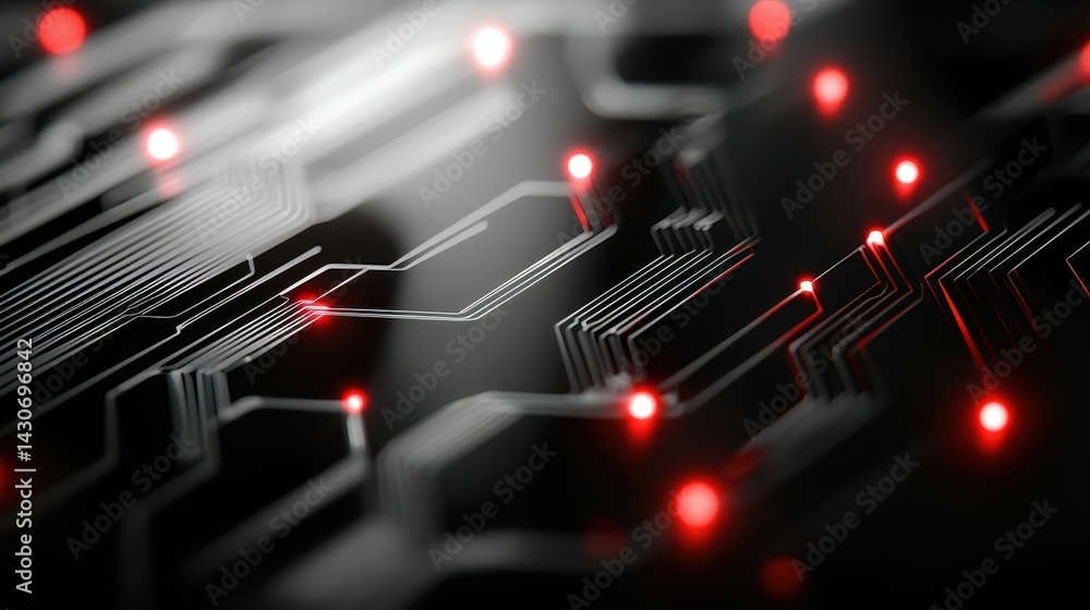 Poster abstract close-up of a dark circuit board with glowing red lights.