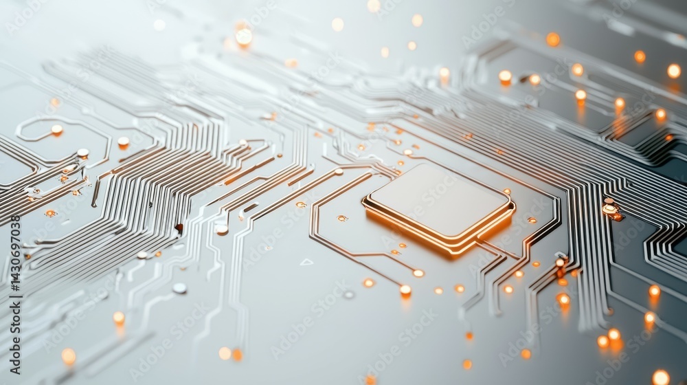 Poster close-up of a futuristic circuit board with intricate patterns and glowing elements.