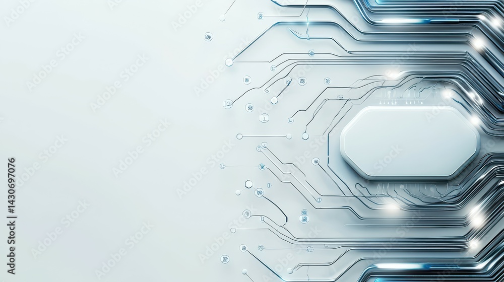 Poster futuristic circuit board design with glowing edges and abstract digital elements.
