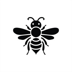 Black Silhouette Vector of Honey Bee with Detailed Wings and Antennae in Symmetrical Design
