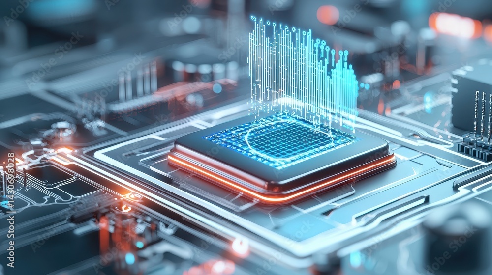 Poster high-tech processor with digital data visualization glowing.
