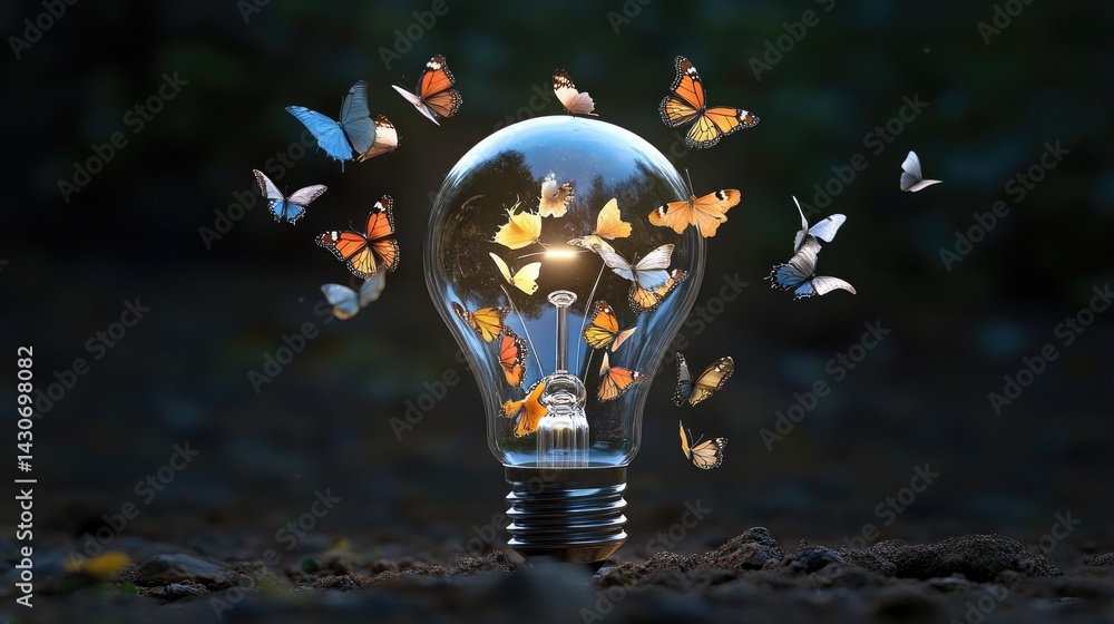 Poster A surreal image of a lightbulb with butterflies replacing the filament, fluttering away
