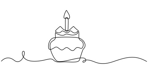 Continuous one line drawing shortcake decorated with cream. Dessert concept. Single line draw design vector graphic illustration, Continuous one line drawing of birthday cake with candles.