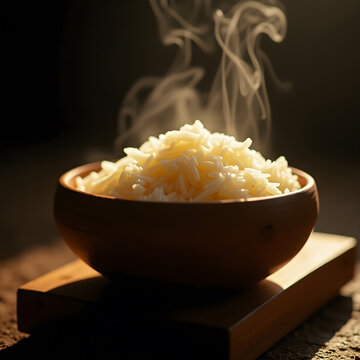 Cooked steam rice with smoke in nice wooden bowl put on a dark background black brown