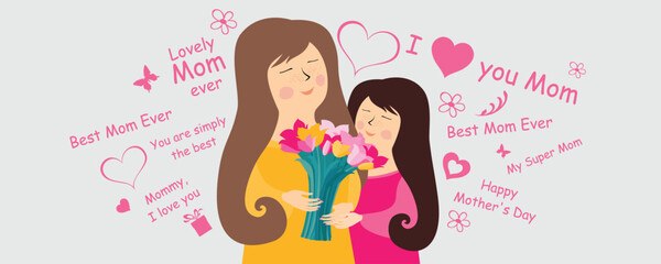 Happy Mother's Day. Lettering design. I love you mum. Beautiful mom face smiling with little daughter and bouquet of tulips. Horizontal card format for web banner or header. Vector illustration