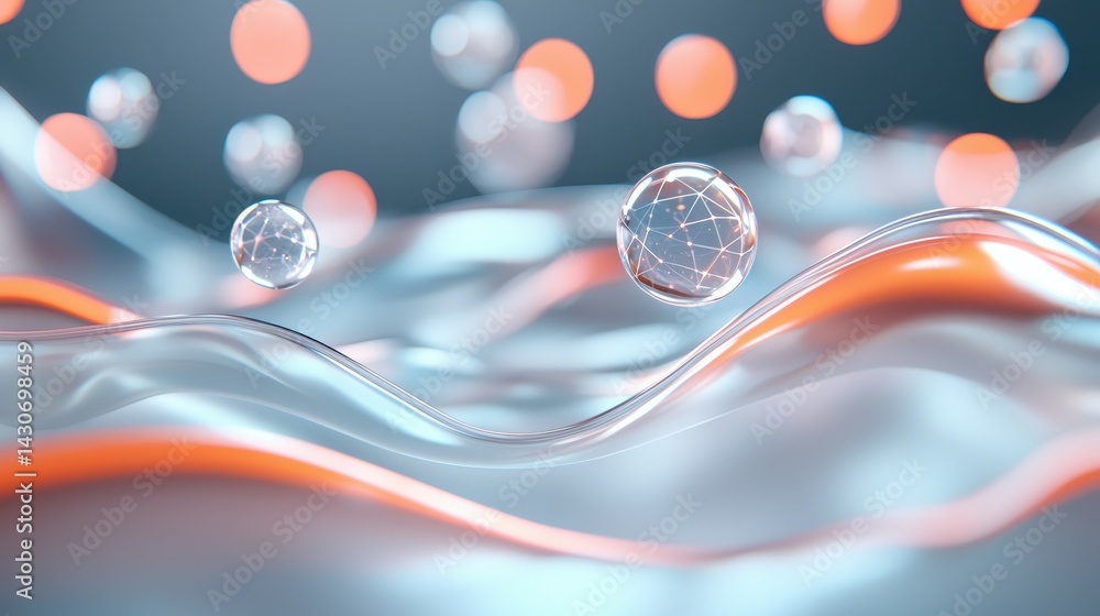 Poster abstract futuristic waves and bubbles create a serene digital atmosphere.
