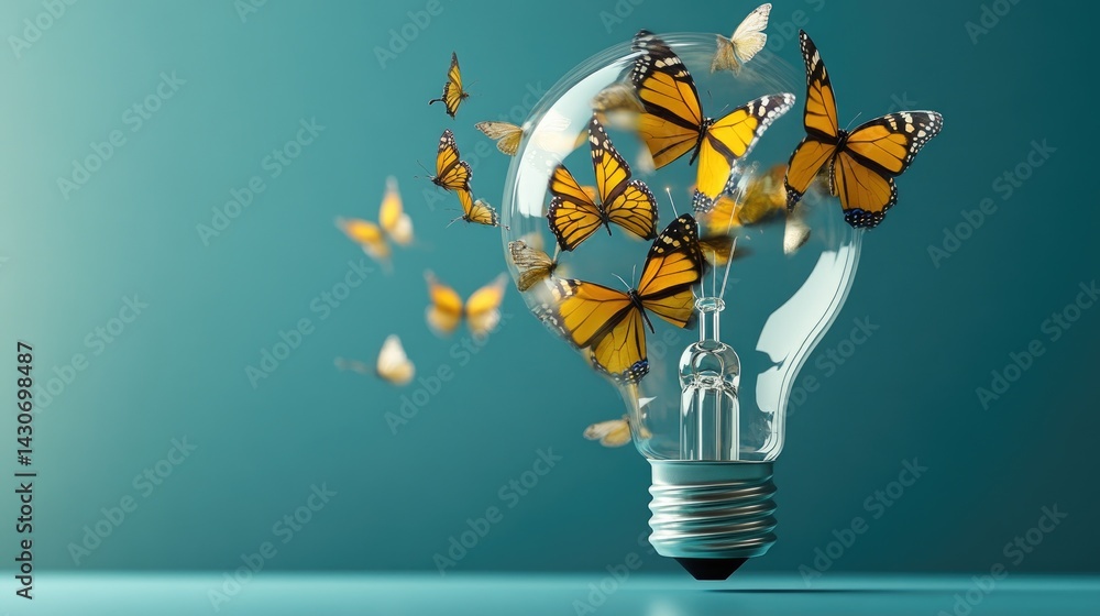 Poster A surreal image of a lightbulb with butterflies replacing the filament, fluttering away