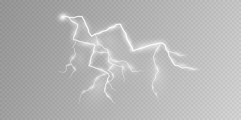 Shining white lightning isolated on transparent background. Realistic lightning flash and thunderstorm effect.